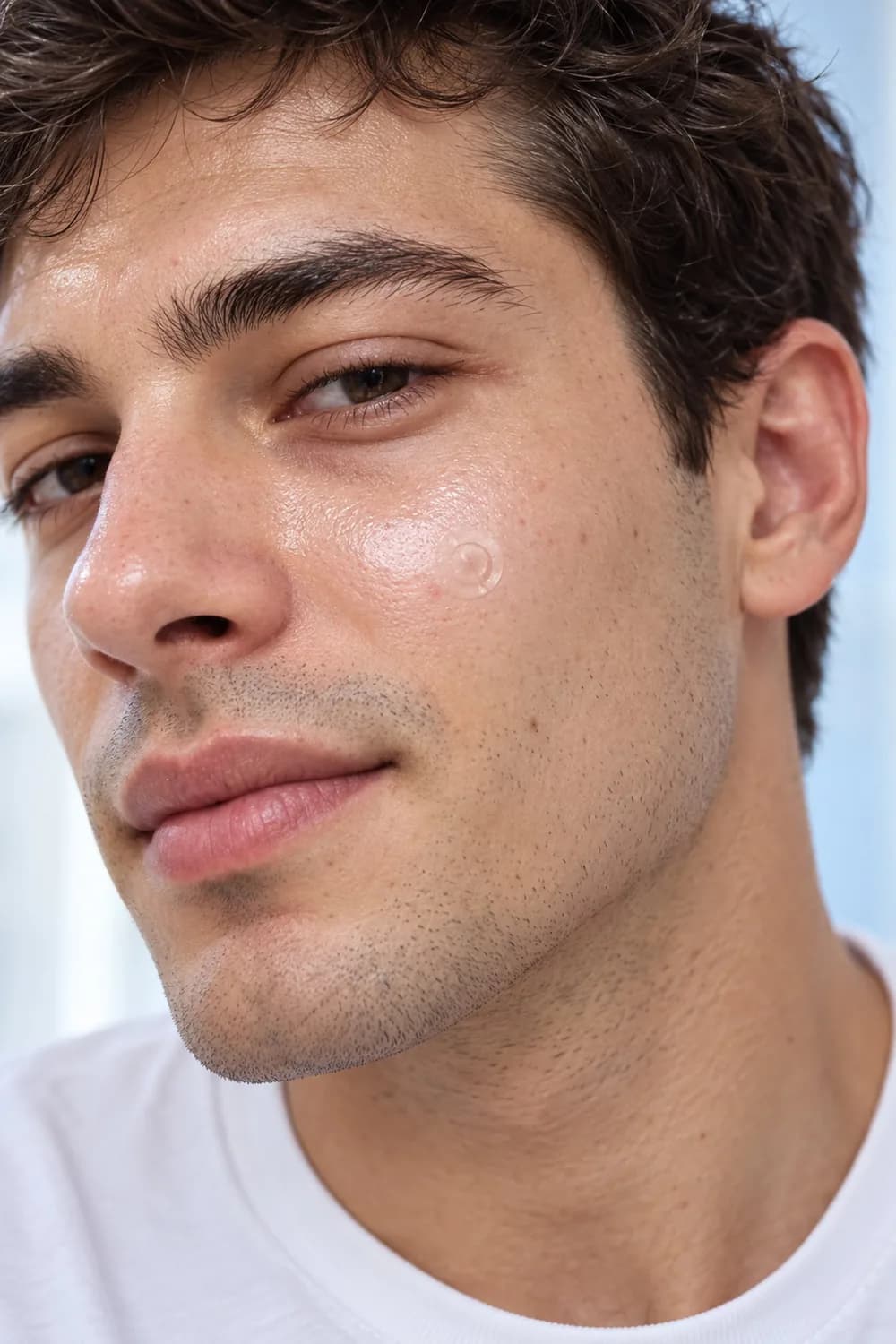 Un jeune homme en t-shirt blanc, un patch transparent presque invisible sur la joue, à la lumière du jour